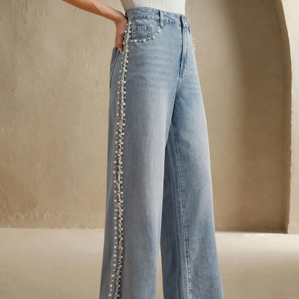 Blue Casual Women's Denim Jeans With Pearls And Pockets - Picture 4 of 7